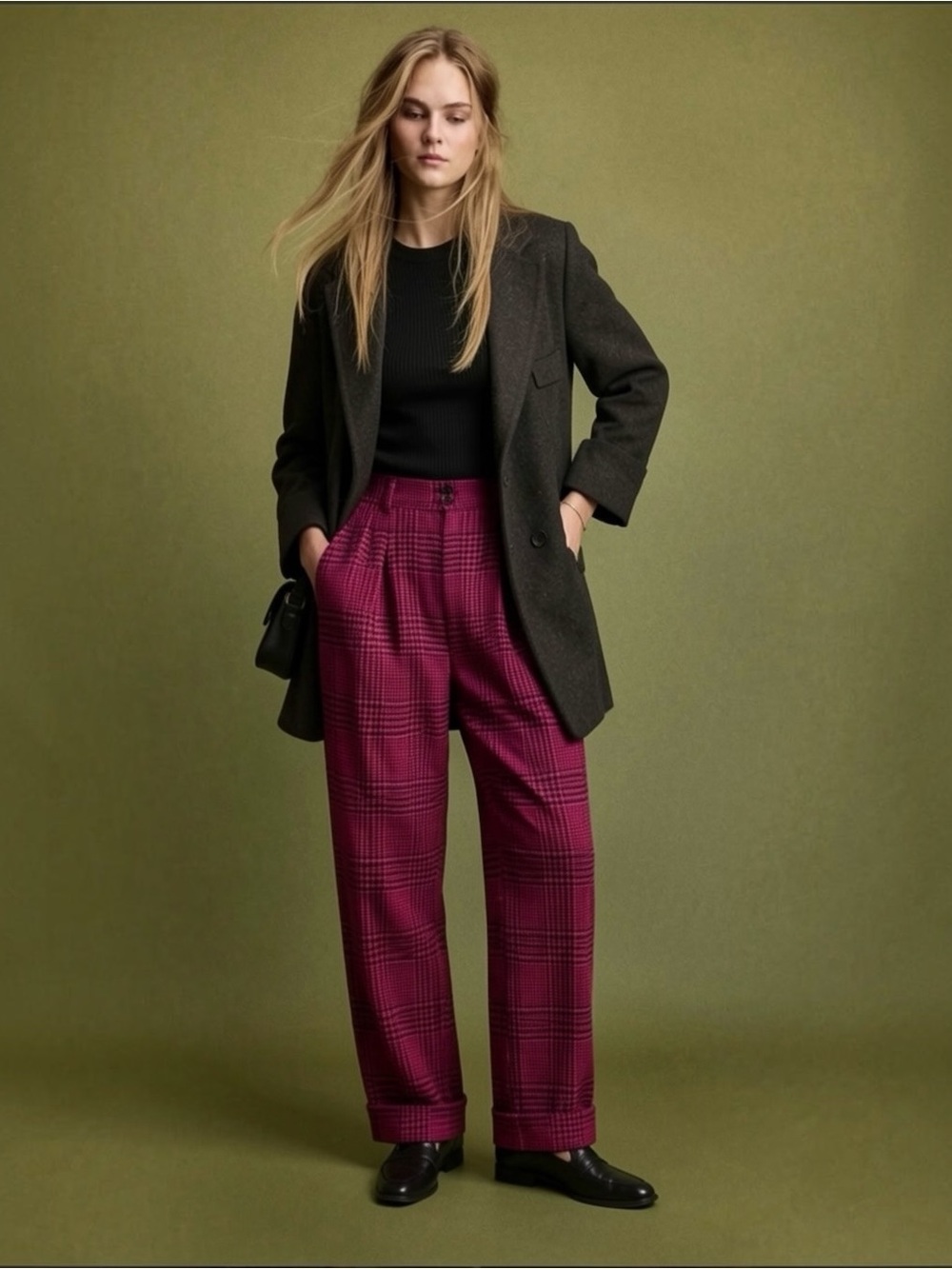 80s Cashmere Trousers Houndstooth Wool Tailored High Rise Pleated Tapered Cuffs